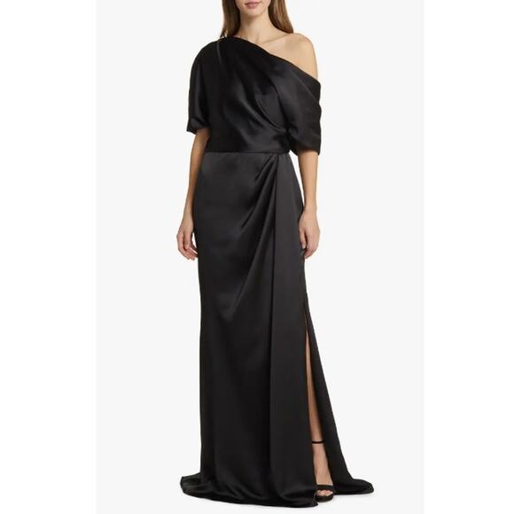 Amsale Dresses & Skirts - Amsale Gathered One-Shoulder Satin Draped Gown Dress Slit Side Black Size 16